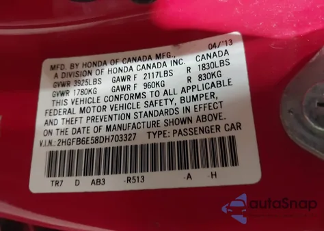 2013 Honda Civic Si z USA, uszkodzony, nr VIN 2HGFB6E58DH703327